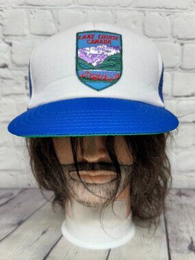 Vintage Trucker Hat Mesh Lake Louise Canada Snapback Cap White Blue Embroidered